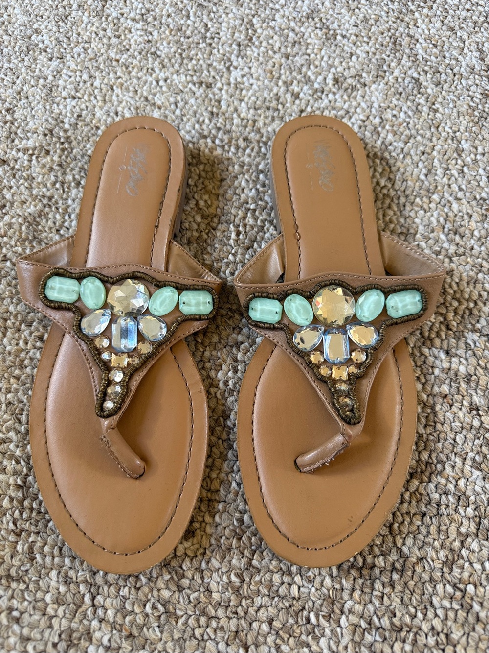 Mossimo Supply Co. Tan Thong Sandals with Mint and Iridescent Gems